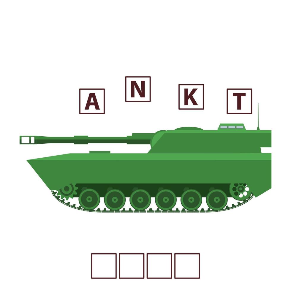 Spiel Wörter Puzzle Militärpanzer. bildung entwickelndes kind. rätsel für vorschule. flacher illustrationskarikaturcharaktervektor. vektor