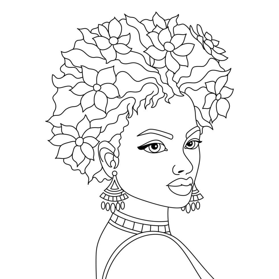 eine moderne afro-frau, die ihr haar mit einigen blumenornamenten und vektorfarbillustrationen verziert vektor