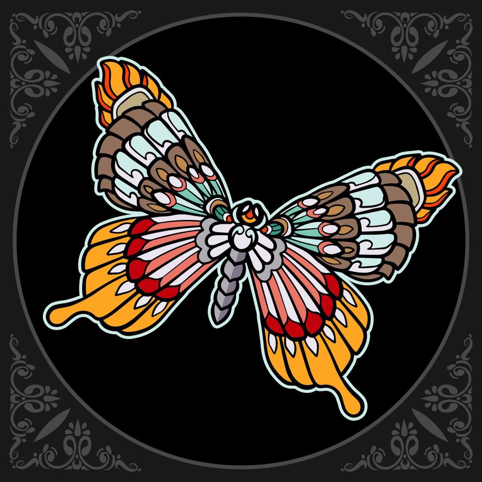 färgrik fjäril mandala konst isolerat på svart bakgrund vektor