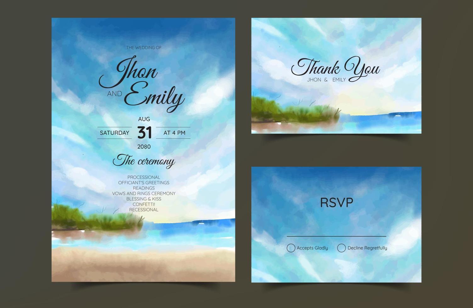bröllop inbjudan kort, strand panorama, vattenfärg vektor