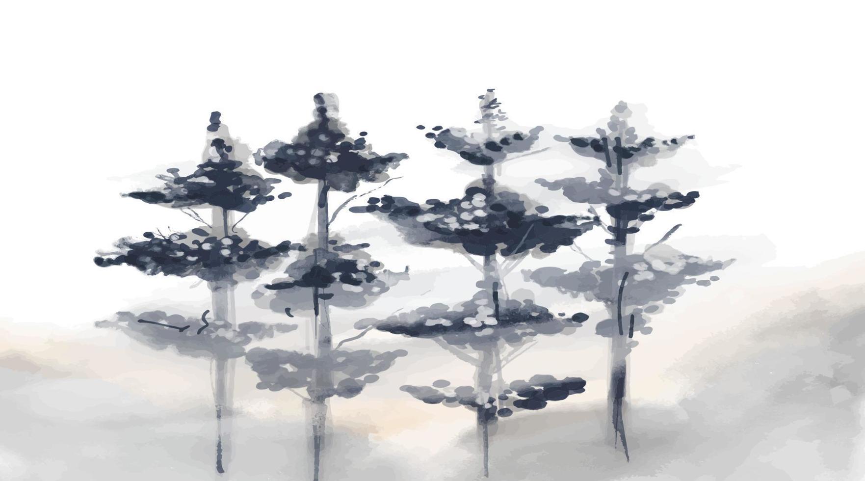abstrakter aquarelllandschaftshintergrund mit sommergelbem feld, bäumen, himmel mit wolken vektor