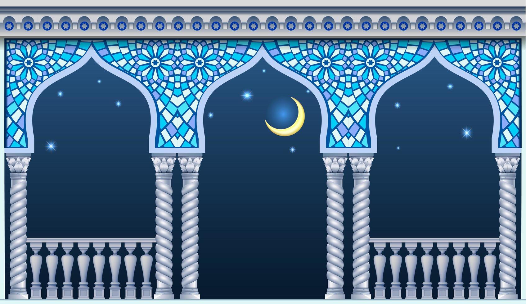 blauer Balkon eines fabelhaften Palastes mit Nachthimmel vektor