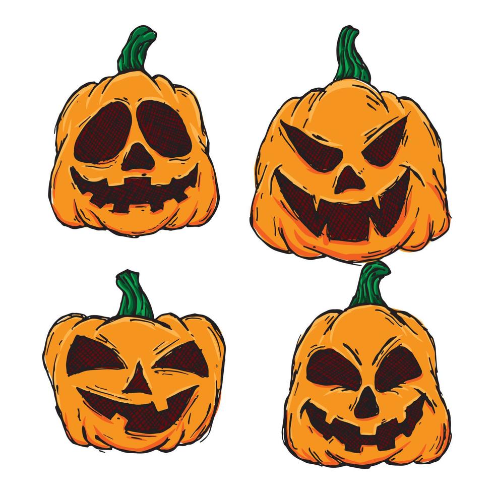 halloween-kürbisse im vektor mit unterschiedlichem gesichtsikonensatz. farbige handgezeichnete illustration. Gesichter von Monstern. gestaltungselemente für logo, abzeichen, banner, etiketten, poster