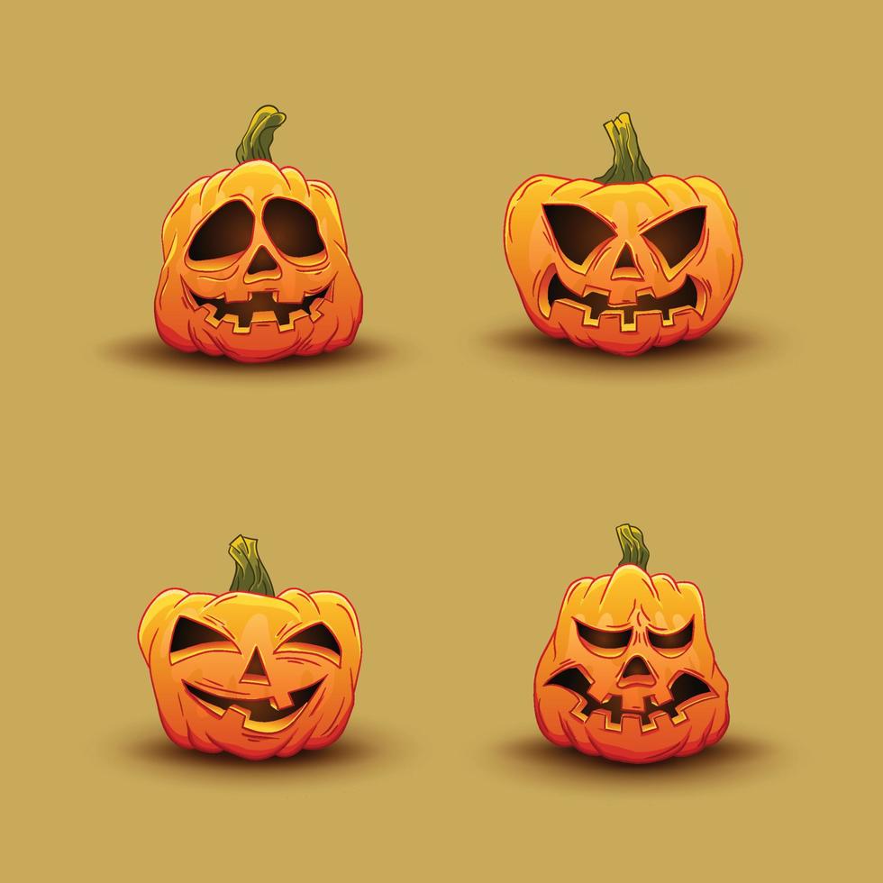 halloween-kürbisse im vektor mit unterschiedlichem gesichtsikonensatz. farbige handgezeichnete illustration. Gesichter von Monstern. gestaltungselemente für logo, abzeichen, banner, etiketten, poster