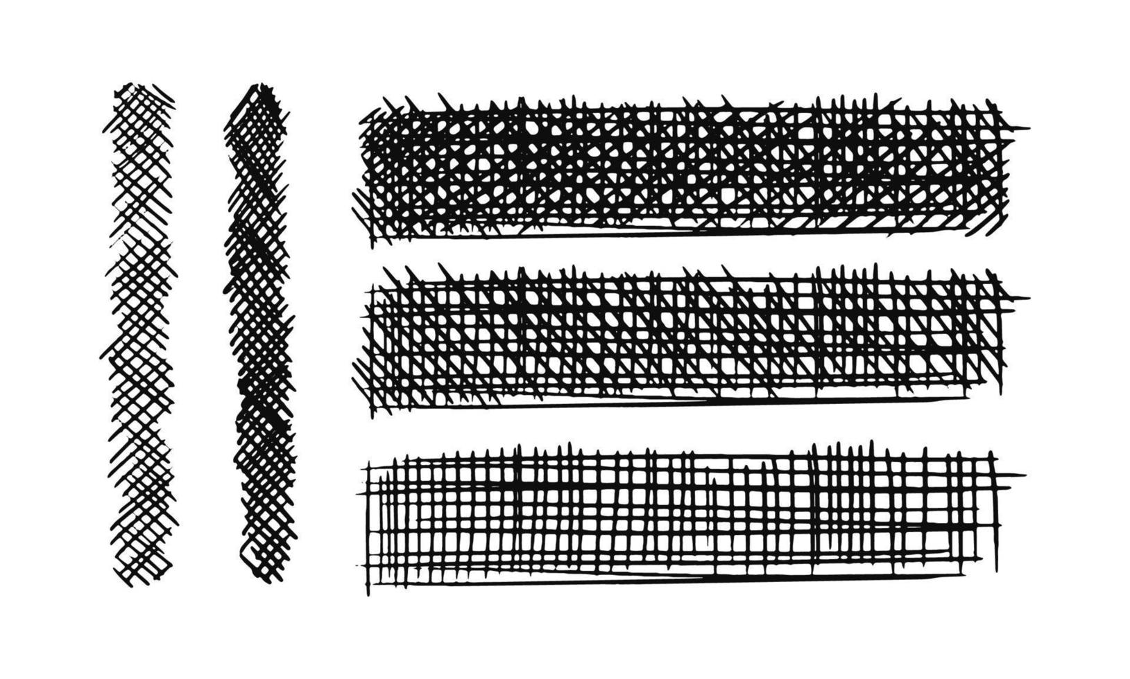 gekritzel handgezeichnete schraffierte durchgestrichene linien. Satz gezeichneter Schraffurrechtecke. Kritzelsymbole, die Linien überqueren. vektorvorratillustration lokalisiert auf weiß. vektor