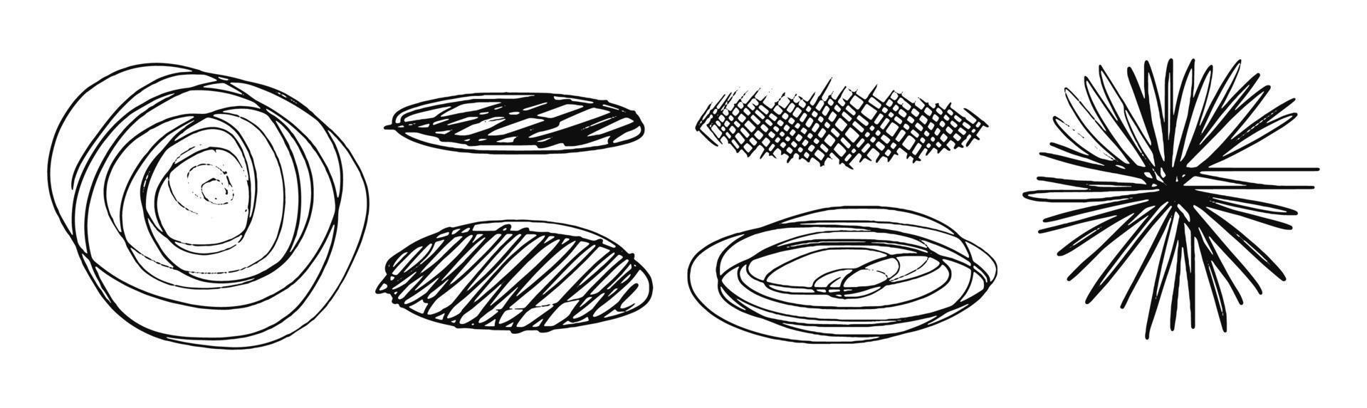 Satz gezeichneter Schraffurkreise und Ellipsen. gekritzel handgezeichnet schraffiert durchgestrichen. diagonale, spiralförmige oder kräuselnde Linien. vektorvorratillustration lokalisiert auf weiß. vektor