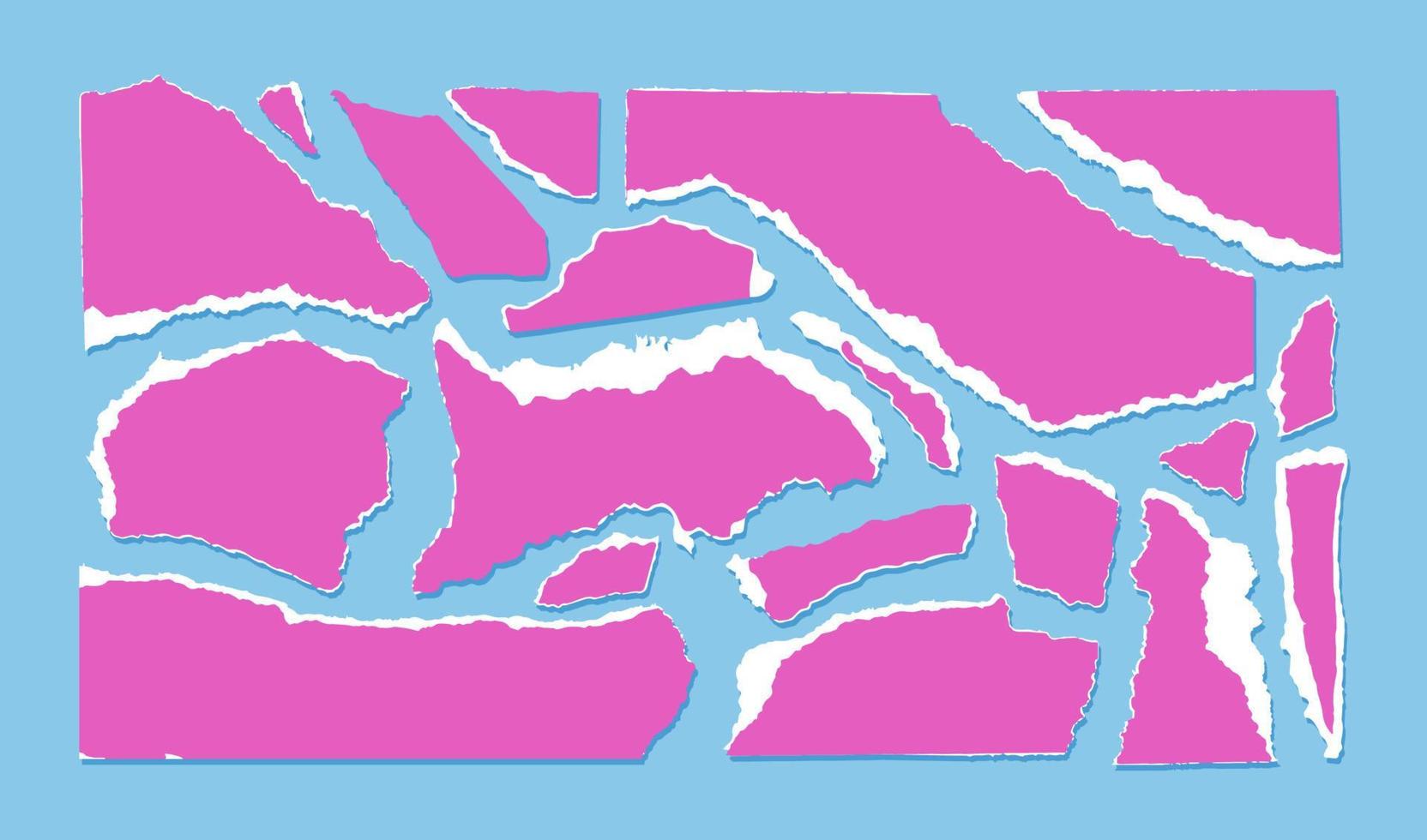 trasig rosa papper med vit kant isolerat på ljus blå bakgrund. vektor illustration av trasig papper skrot av annorlunda storlekar och former. smulad färgad bitar av sidor.