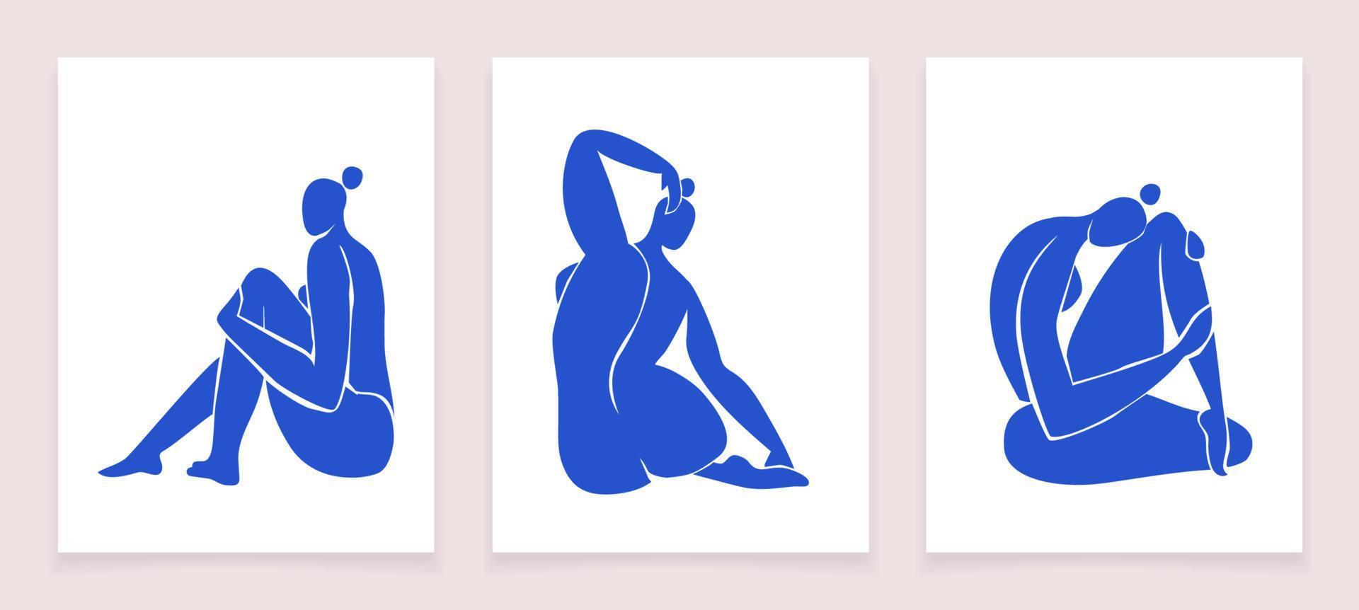 kvinna siffror inspirerad förbi henry matisse. skära ut kvinna kroppar i annorlunda poser på en vit bakgrund i blå. samtida konst. trender vektor illustration av vertikal posters isolerat.