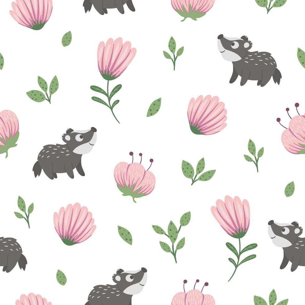 Vektornahtloses Muster aus handgezeichnetem, flachem, lustigem Babydachs mit stilisierten Blättern und rosa Blüten. Wald themenorientierter sich wiederholender Hintergrund für Kinderdesign. niedliche animalische Kulisse vektor