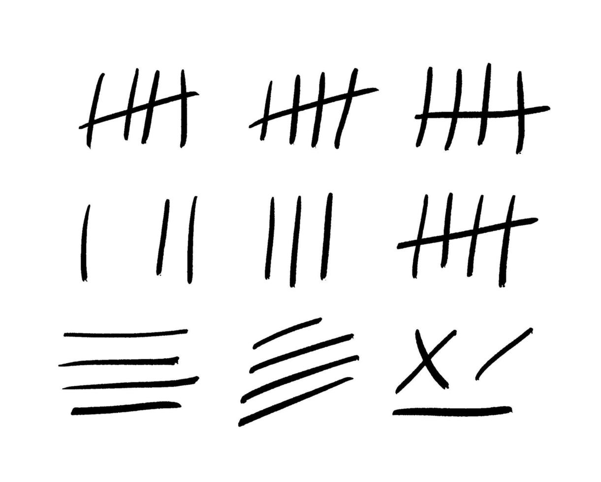 Strichmarkierungen oder Gefängnismarkierungen isoliert. vier Stöcke, die von der fünften Linie durchgestrichen sind. vektorillustrationssatz der schwarzen zählung, linien von eins bis vier durchgestrichen mit einem diagonalen stab. vektor