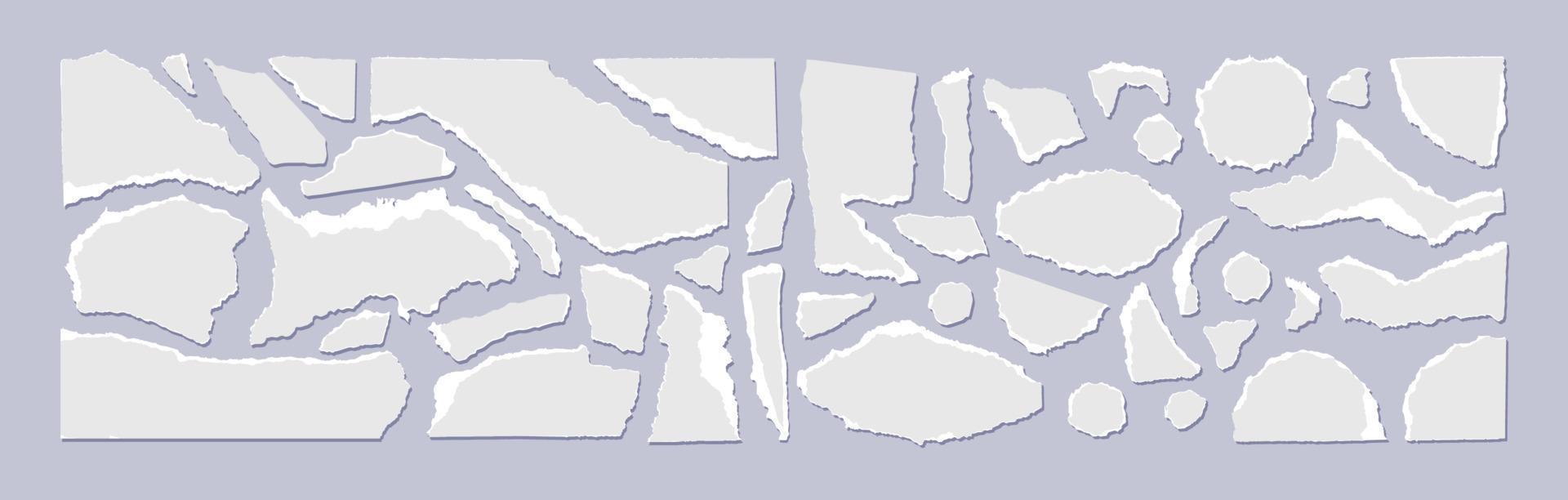 uppsättning av trasig grå papper med en vit kant isolerat på en grå bakgrund. vektor illustration av små skrot av trasig papper av annorlunda storlekar och former. smulad färgad bitar av sidor.
