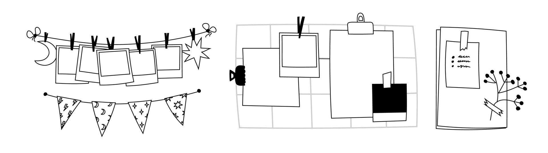 handgezeichnete Fotokarten, die an einem Seil befestigt sind. gekritzelgirlande aus flaggen. Wäscheklammern an einer Schnur mit Bildern. Wandgitter für Fotos, Erinnerungen, Notizen. DIY-Gitterumriss. leere Vektorseite mit isolierten Notizen. vektor