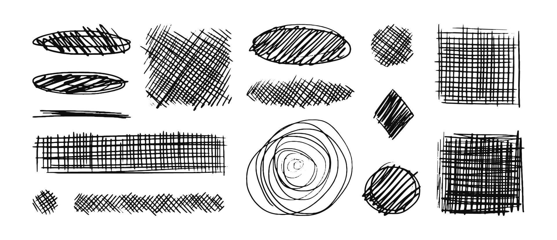 sammlung von schraffierten linien mit verschiedenen kritzelformen ovale, quadrate oder rechtecke. Doodle-Set aus durchgestrichenen und Highlighter-Schraffurblasen. diagonale, vertikale oder parallele Vektorlinien. vektor