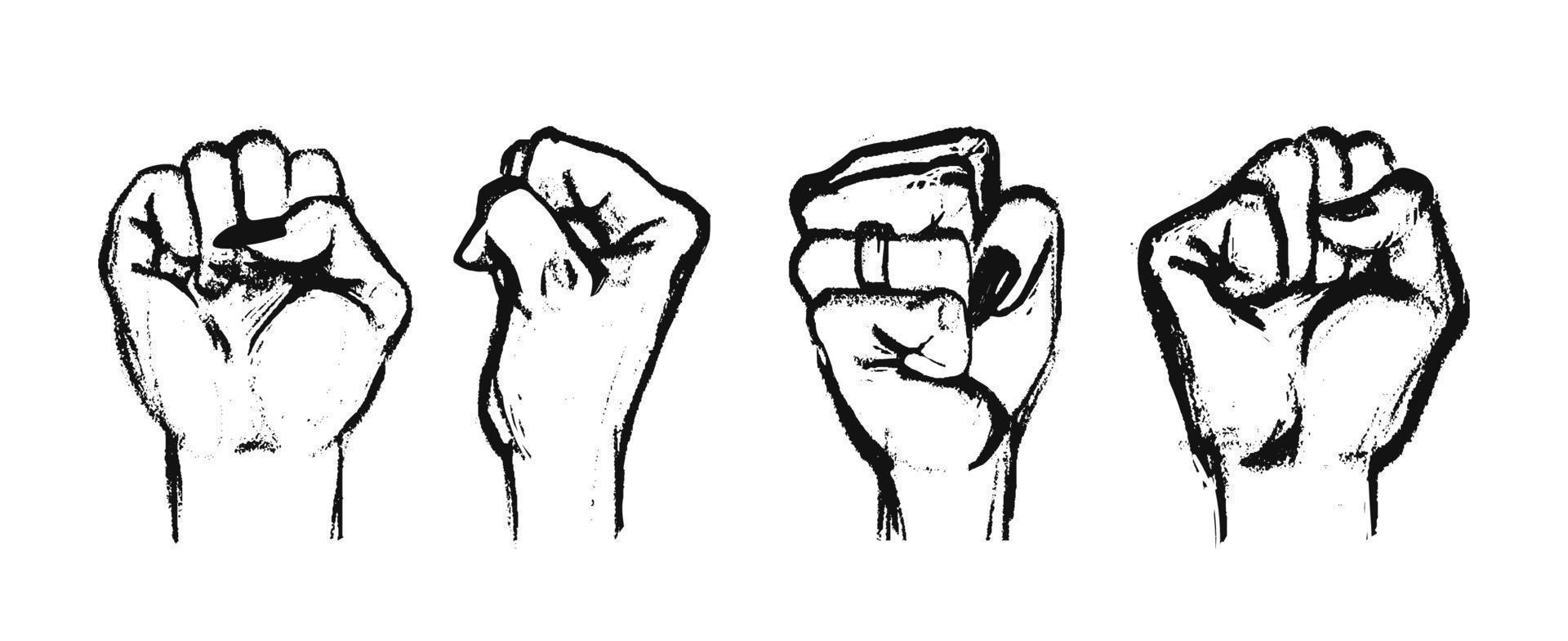 Satz weiblicher Fäuste aus verschiedenen Blickwinkeln. handgezeichnete punschschwarze geste auf weiß. vektorillustration weiblicher hände, die für rechte kämpfen, isoliert. vektor
