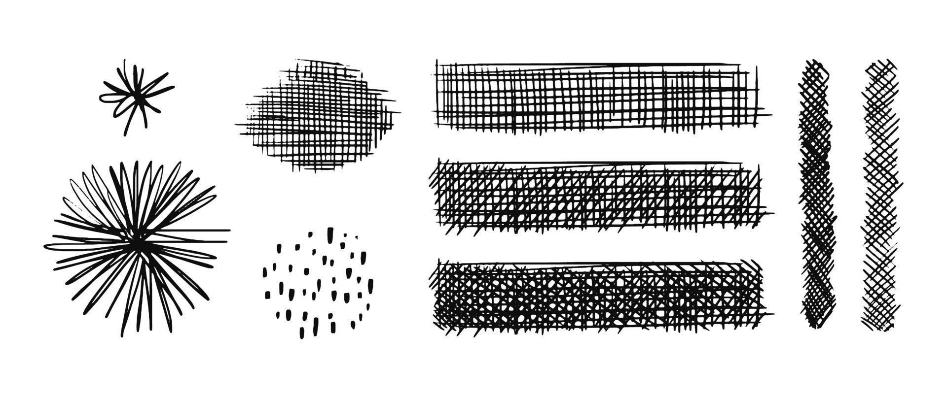 Satz gezeichneter Schraffurkreise und Rechtecke. gekritzel handgezeichnet schraffiert durchgestrichen. Kritzelsymbole, die Linien überqueren. vektorvorratillustration lokalisiert auf weiß. vektor