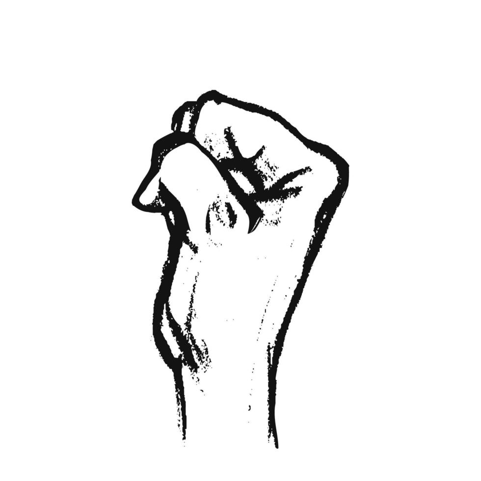 eine geballte Faust von der Seite. eine Hand gezeichnetes Schwarzes auf weißer Hand. vektorillustration einer weiblichen faust für rechte, kampf isoliert. vektor
