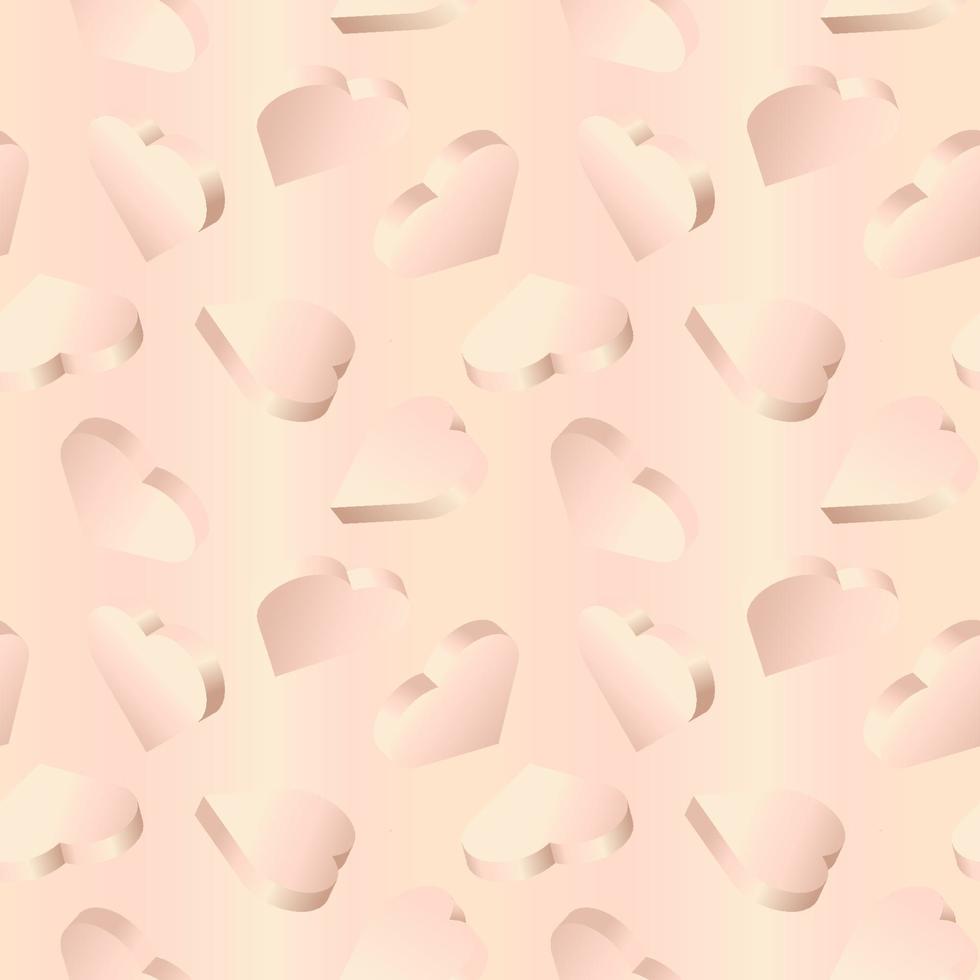 Vektorhintergrund mit 3D-Herzen. nahtloses muster mit isometrischen herzen mit roségoldfarbenem farbverlauf. Design für Grußkarten, Feiertagshintergrund, Banner. vektor