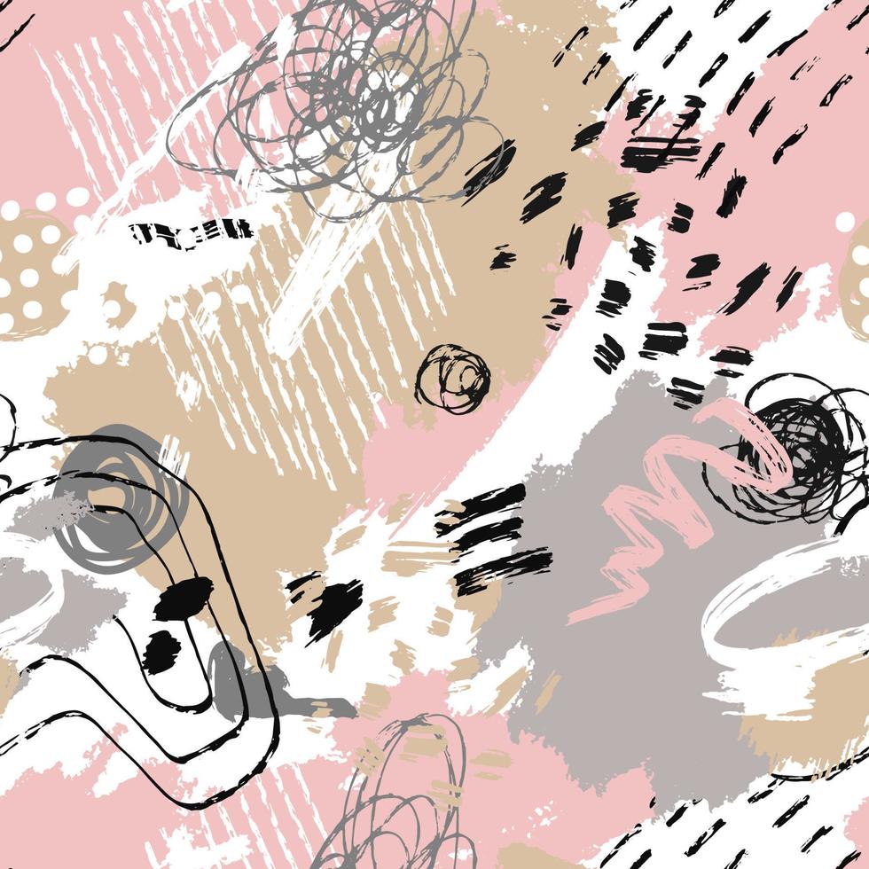 grunge abstraktes muster mit kritzeleien, malstrichen und handgezeichneten objekten. bunter Schmutz formt Hintergrund. zeitgenössisches nahtloses Vektormuster. vektor