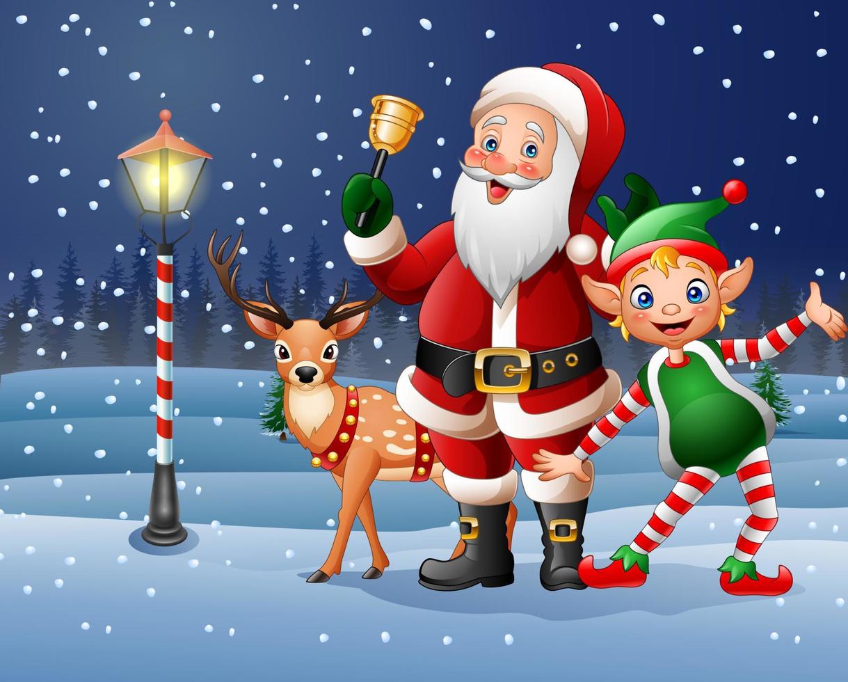 jul bakgrund med jultomten, rådjur och tomte vektor