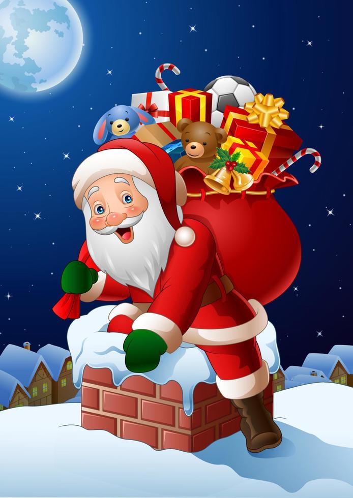 Cartoon-Weihnachtsmann betritt ein Haus durch den Schornstein vektor
