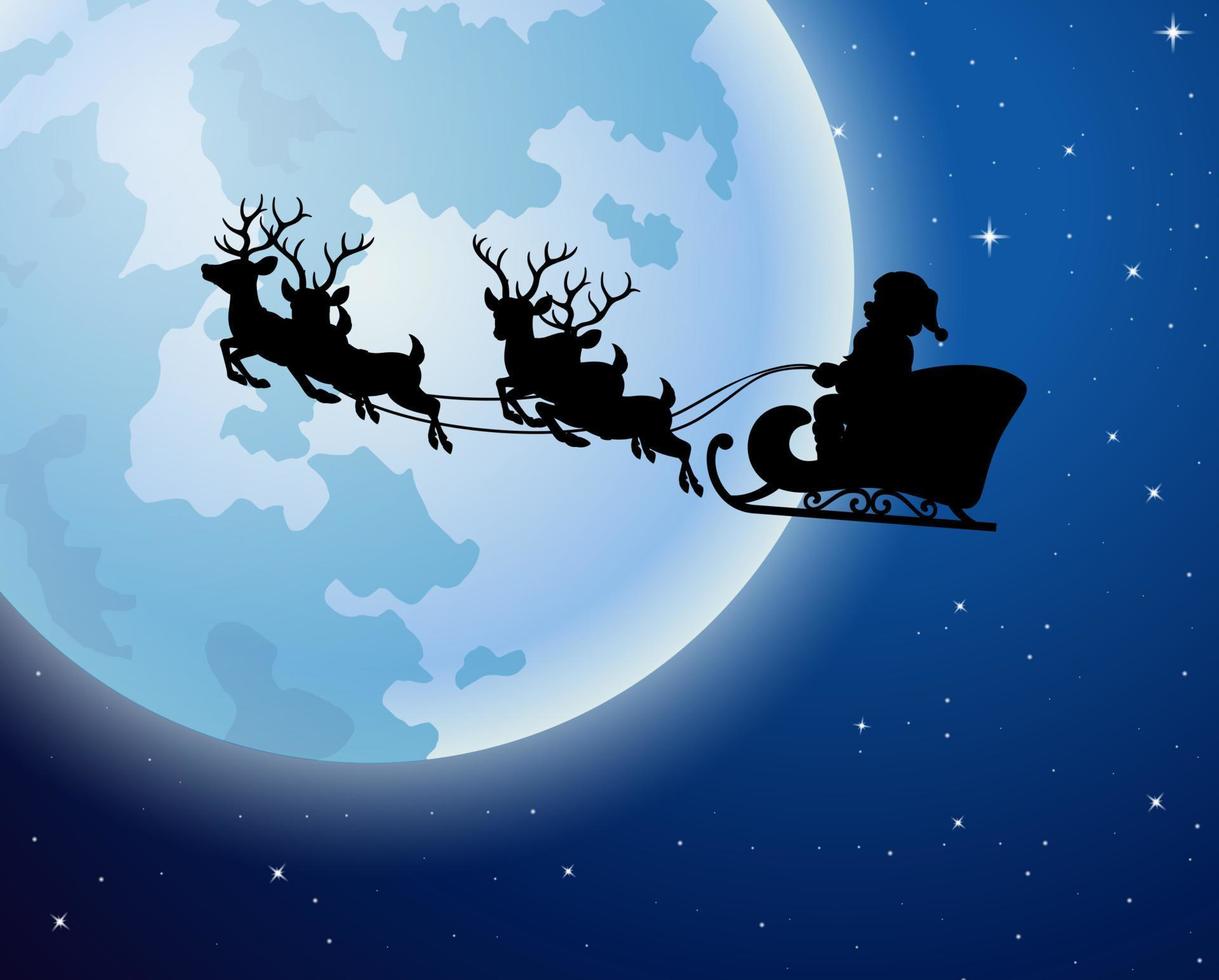 weihnachtsmann reitet rentierschlittensilhouette vor einem vollmondhintergrund vektor