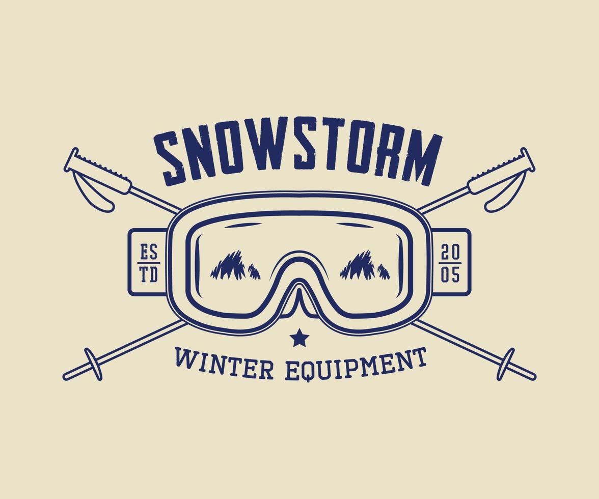 vintage wintersport oder winterausrüstung logo, emblem, abzeichen, etikett und wasserzeichen mit maske, brille und stöcken im retro-stil. Vektor-Illustration vektor