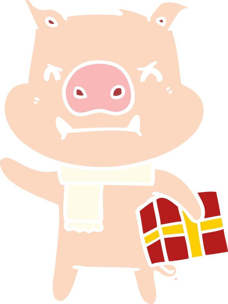 arg platt Färg stil tecknad serie gris med jul gåva vektor