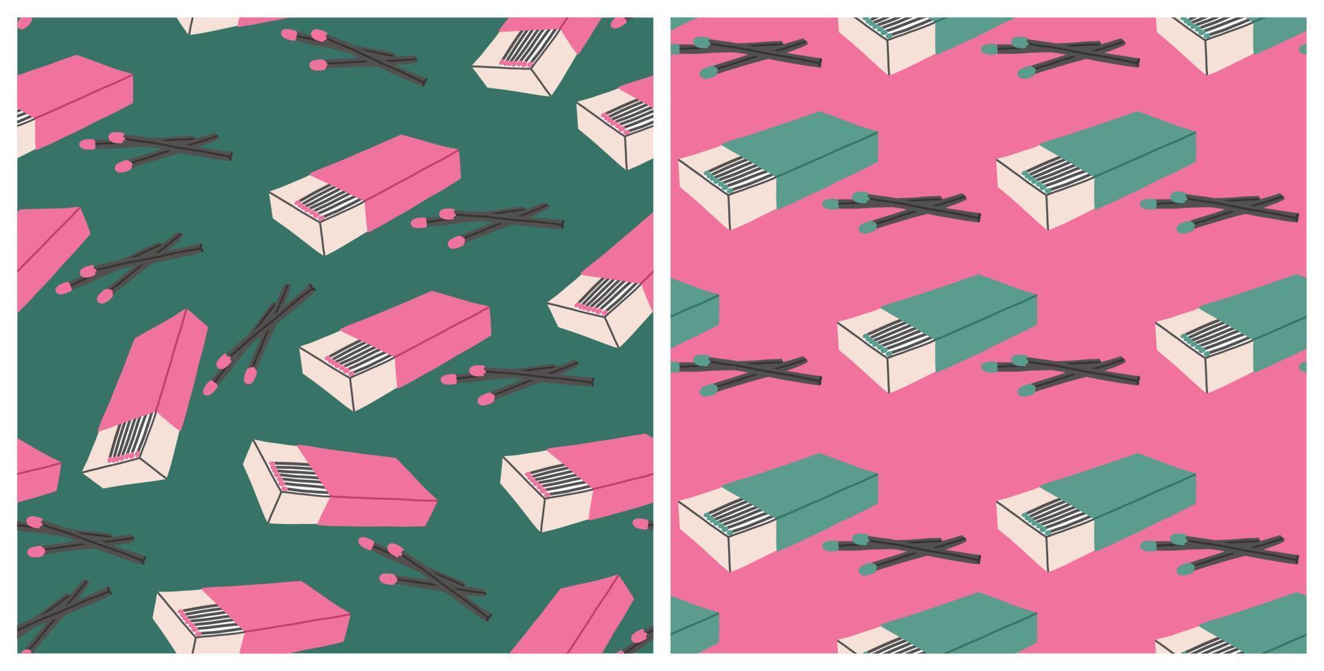 trendig tändsticksask sömlös mönster uppsättning, platt vektor illustration. färgrik grön och rosa bakgrund. tändstickor tapet. begrepp av rök, aromaterapi, spa och friskvård.