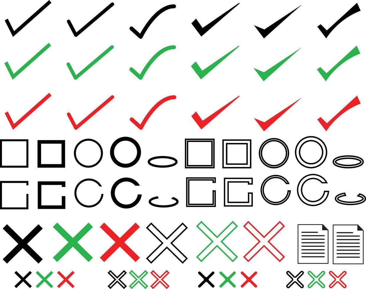 kolla upp mark ikon uppsättning på vit bakgrund. grön kolla upp mark och röd korsa. kolla upp och avmarkera tecken. cirkel och fyrkant symbol. platt stil. vektor
