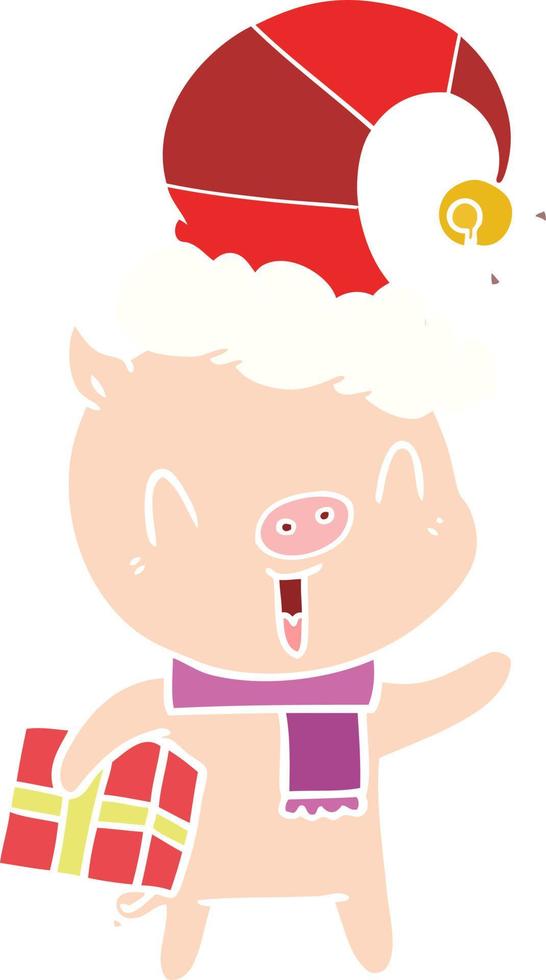 glückliches Cartoon-Schwein im flachen Farbstil mit Weihnachtsgeschenk vektor