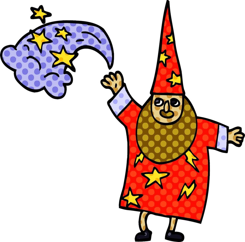 tecknad doodle wizard casting spell vektor