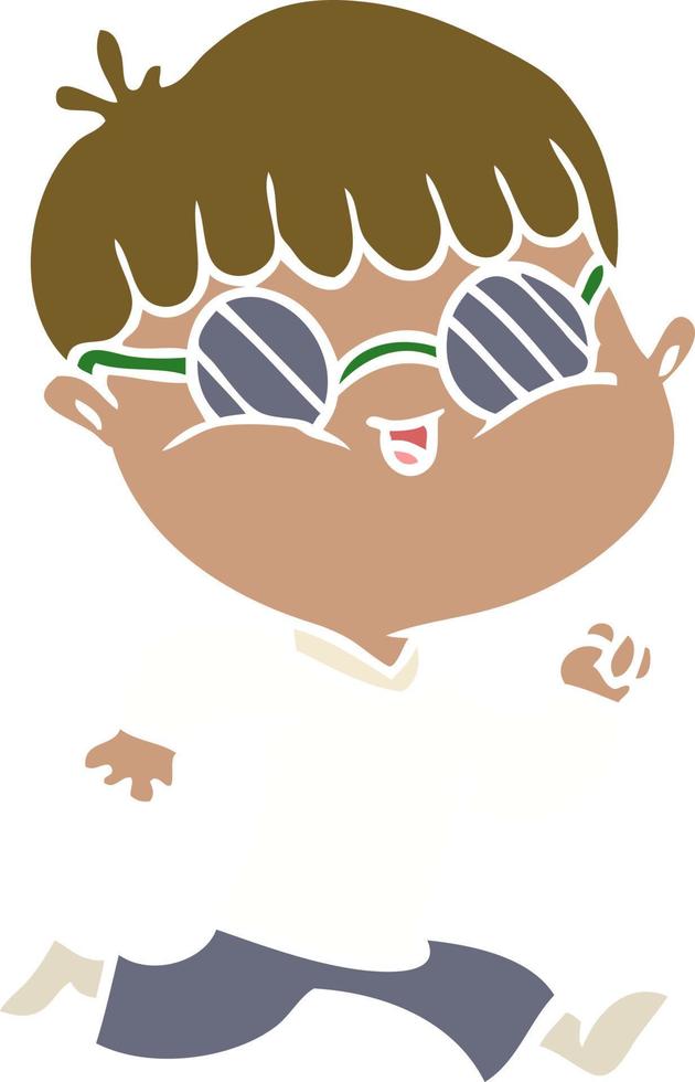 Cartoon-Junge im flachen Farbstil mit Sonnenbrille und Laufen vektor