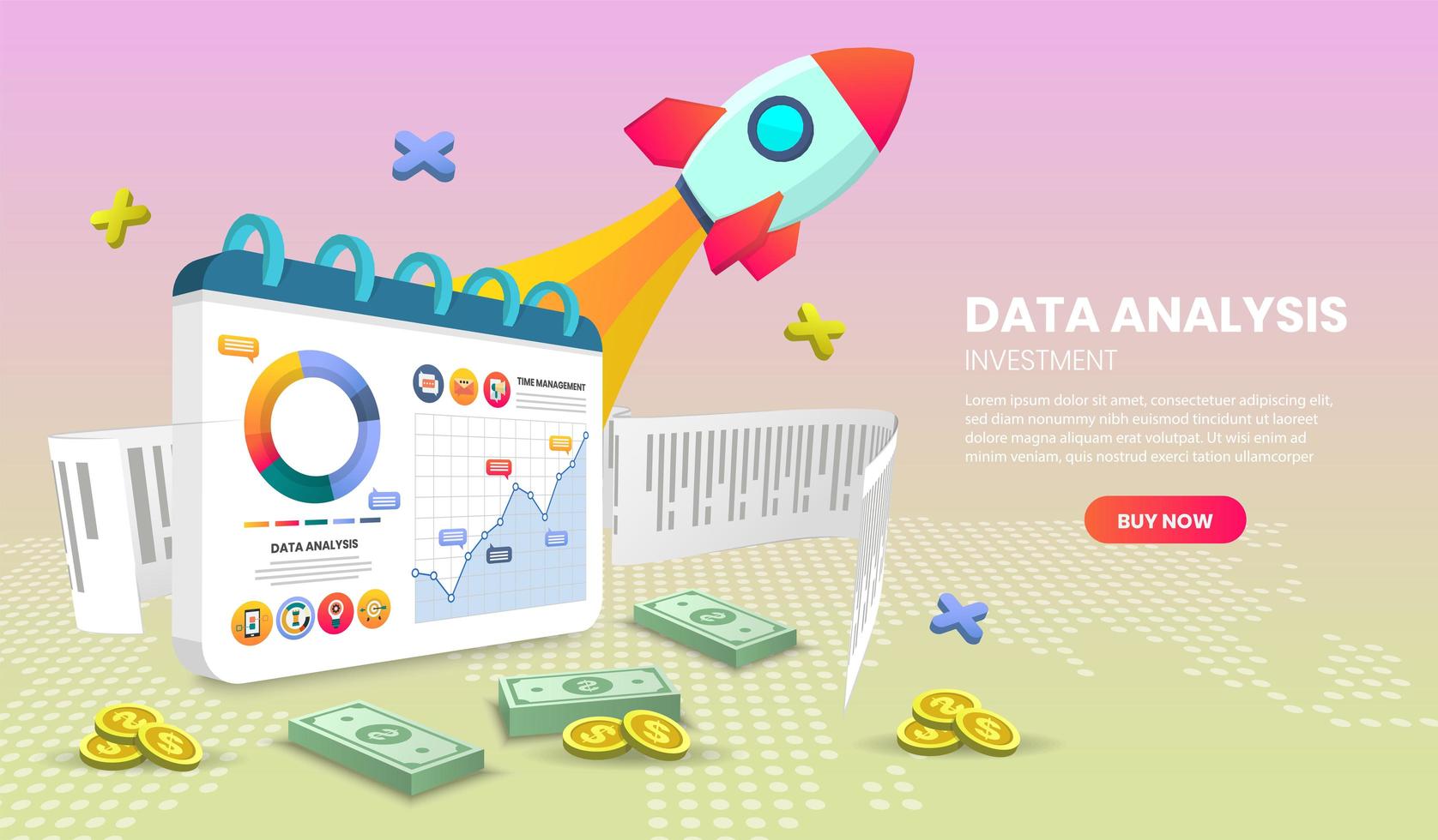 Datenanalyse-Landingpage mit Rakete und Charts vektor