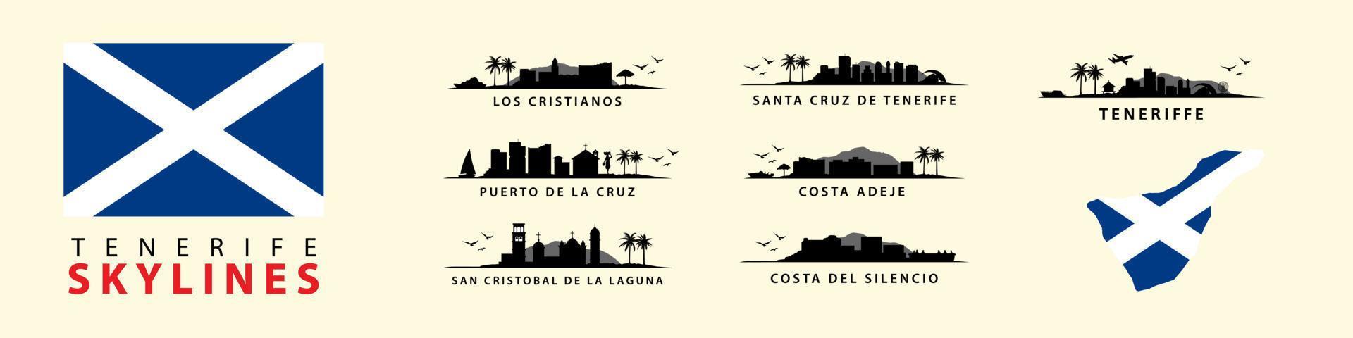 tenerife ö skylines, silhuetter av santa cruz, costa adeje, costa del tystnad, san kristobal, puerto de la cruz. spanska tropisk resa destinationer. samling av exotisk landskap. vektor