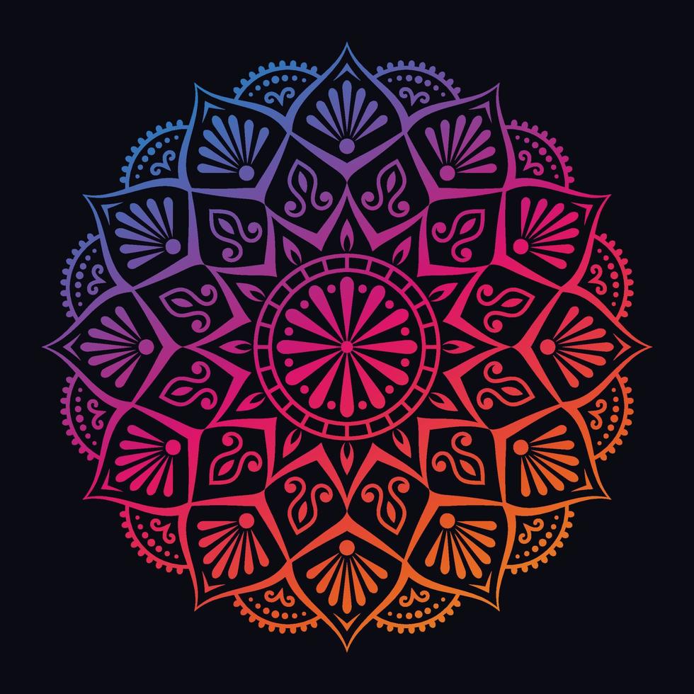 Farbverlauf-Mandala auf schwarzem, isoliertem Hintergrund. abstraktes Mandala-Design für Yoga, Meditationsposter, Banner, Tapeten, Dekorationsornamente vektor