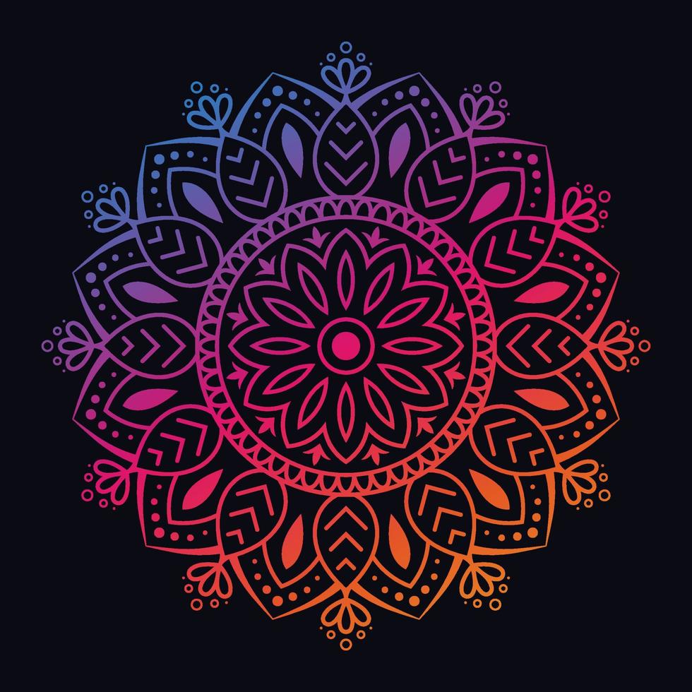 Farbverlauf-Mandala auf schwarzem, isoliertem Hintergrund. abstraktes Mandala-Design für Yoga, Meditationsposter, Banner, Tapeten, Dekorationsornamente vektor