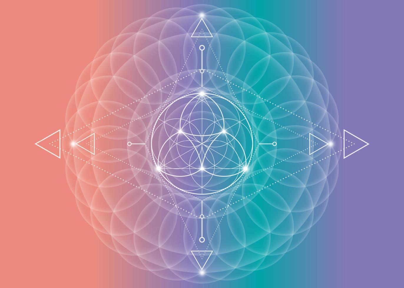 Heilige Geometrie, Blume des Lebens, Lotusblumenmandala. neon vintage logo symbol für harmonie und balance, leuchtende geometrische verzierung, yoga entspannen, vektor isoliert auf buntem hintergrund