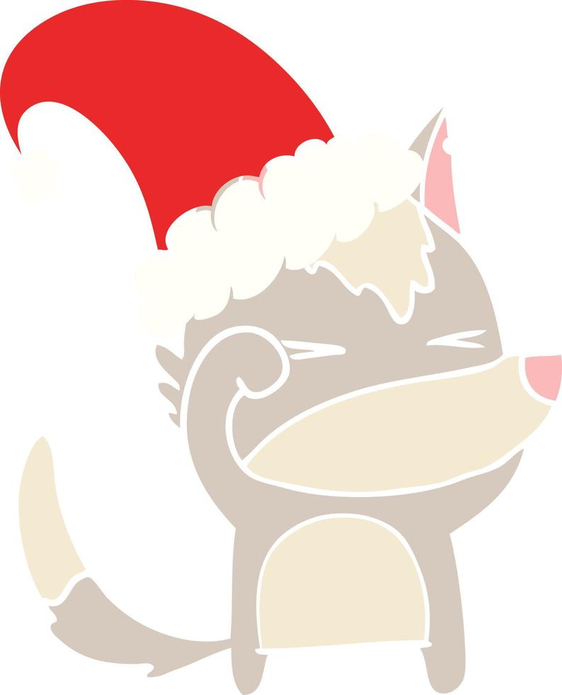 müde wolf flache farbe karikatur mit weihnachtshut vektor