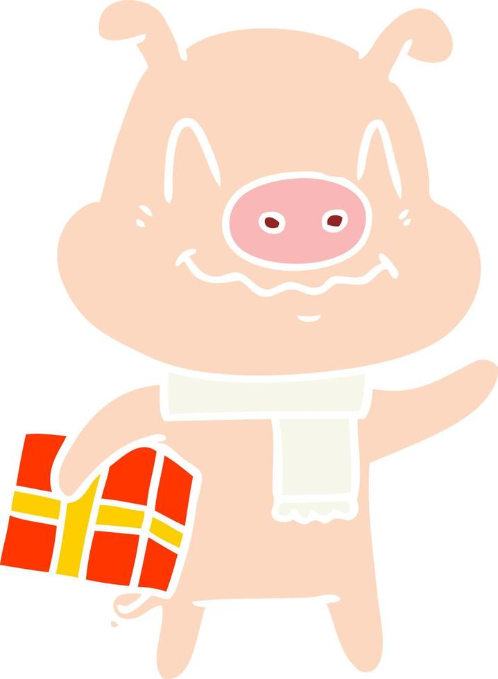 nervöses Cartoon-Schwein im flachen Farbstil mit Geschenk vektor