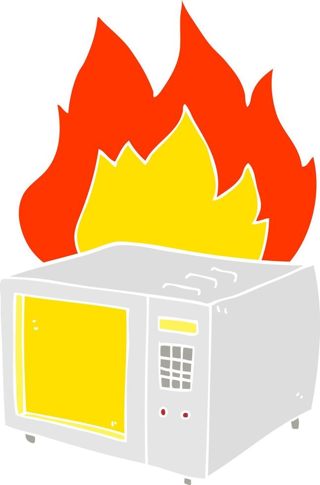 platt Färg illustration av en tecknad serie mikrovågsugn på brand vektor