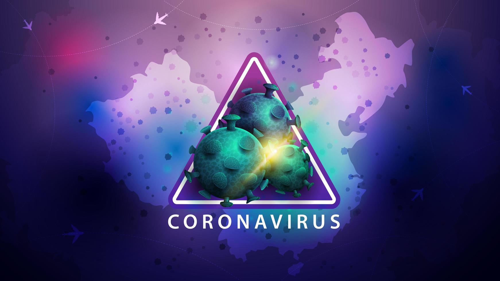 lila Plakat mit Warnschild und Coronavirusmolekülen vektor