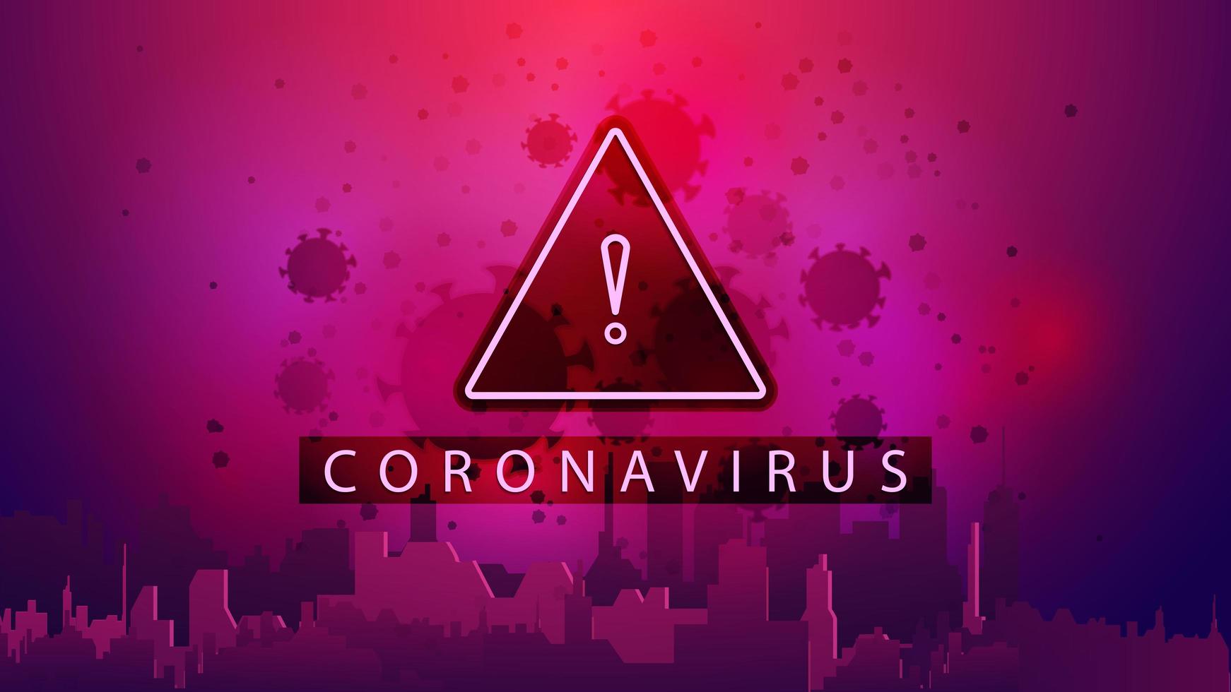 rosa affisch med varningsskyltar, stads- och coronavirus-molekyler vektor