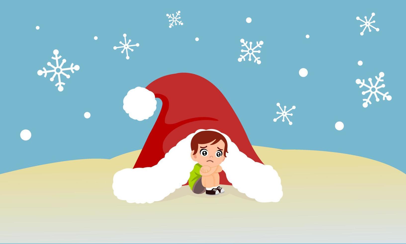 liten pojke Sammanträde ensam i en stor santa claus hatt skärmning de kall från de snö. ensamhet på jul ny år. väntar för presenterar från santa claus. vektor