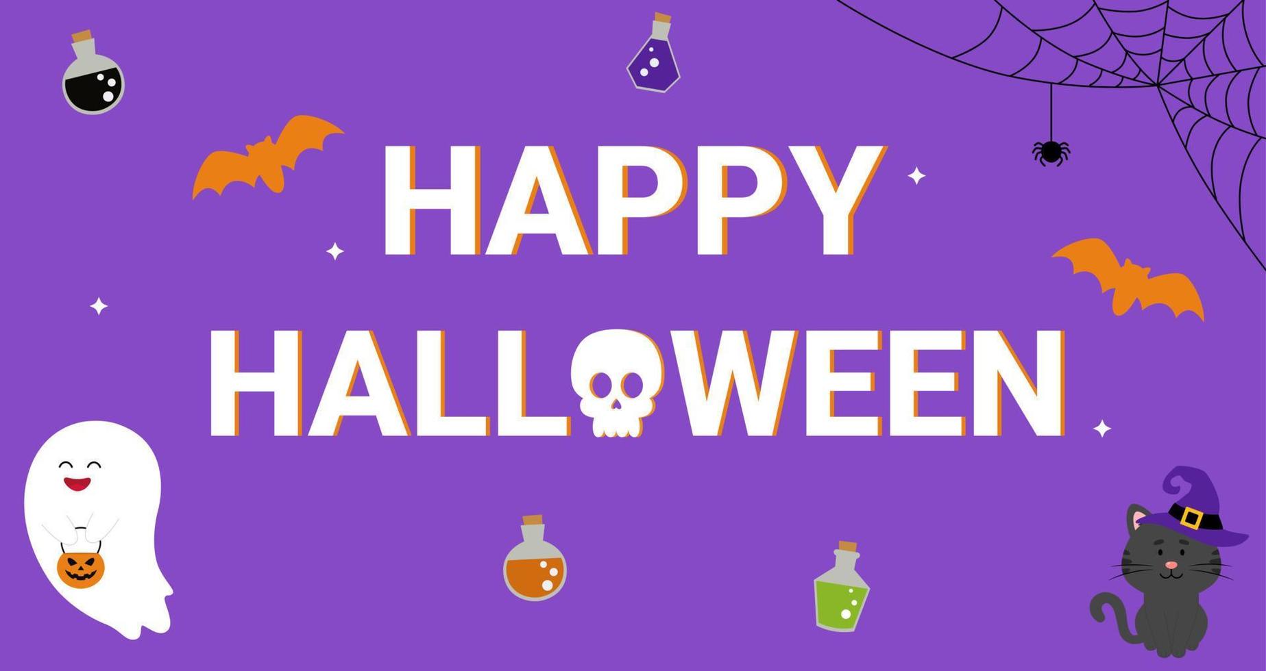 halloween baner begrepp. Lycklig halloween baner bakgrund med, fladdermöss, spöke, katt och drycker. vektor
