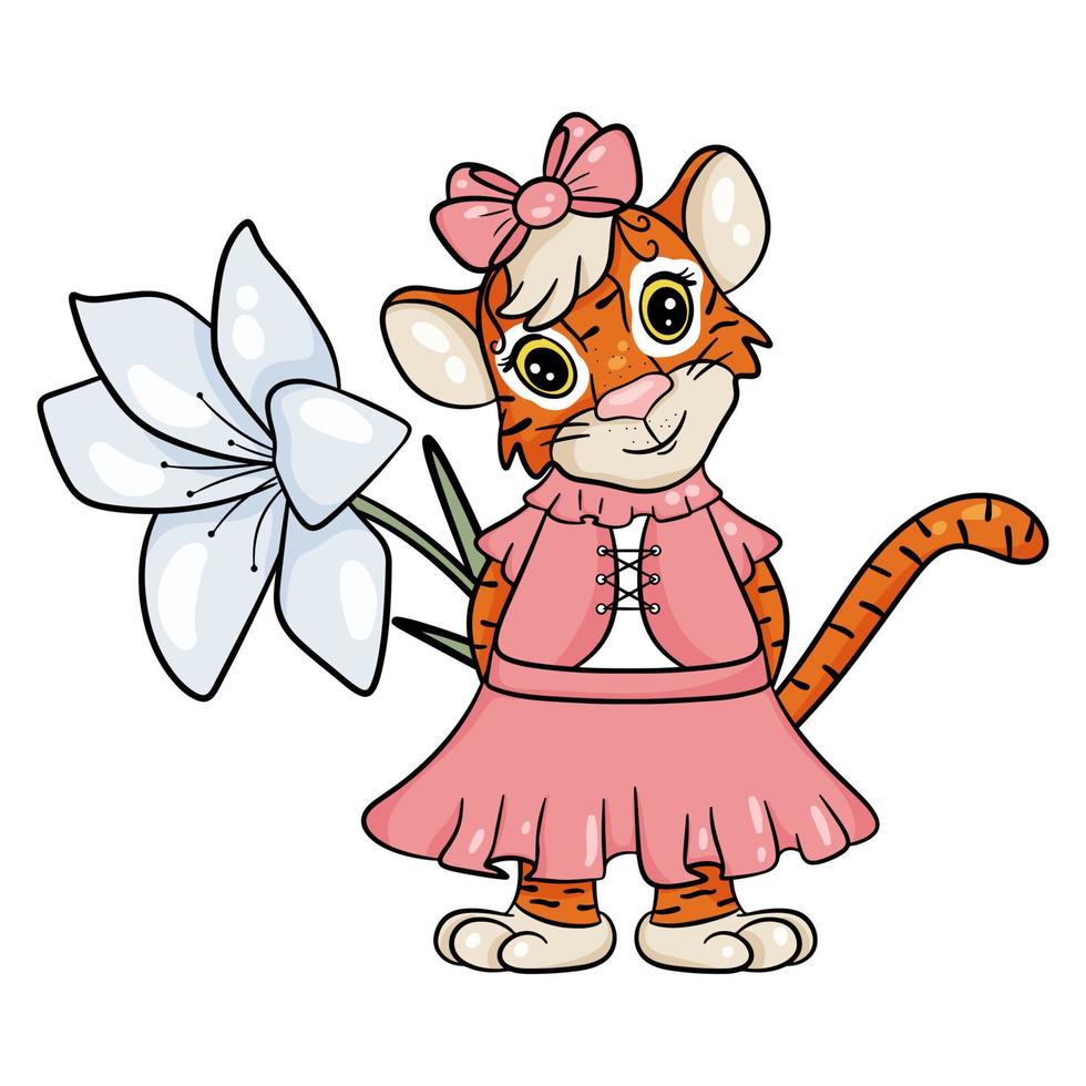 süße Tigerin im Kleid, mit schöner Blume. Symbol des neuen Jahres nach dem chinesischen oder östlichen Kalender. Umriss zum Ausmalen. Vektor editierbare Illustration, Cartoon-Stil