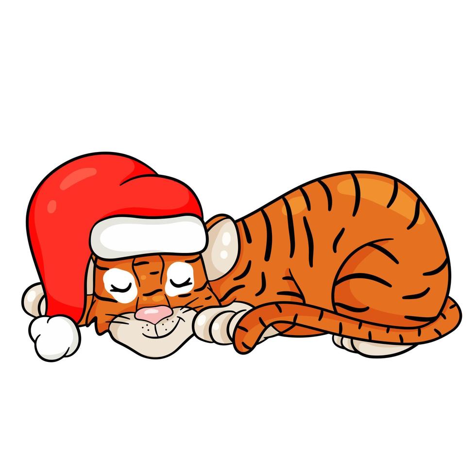 tiger i tomteluva sover i väntan på jul. symbolen för det nya året enligt den kinesiska eller östliga kalendern. vektor redigerbar illustration, tecknad stil