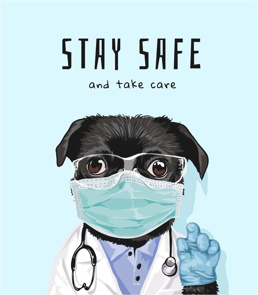 Slogan „Bleib in Sicherheit“ mit schwarzem Mops in medizinischer Maske vektor