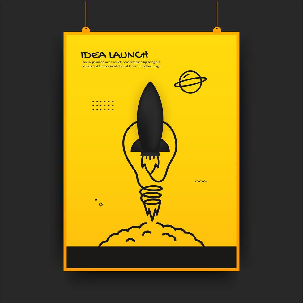 Plakat mit startender Rakete und Glühbirne vektor