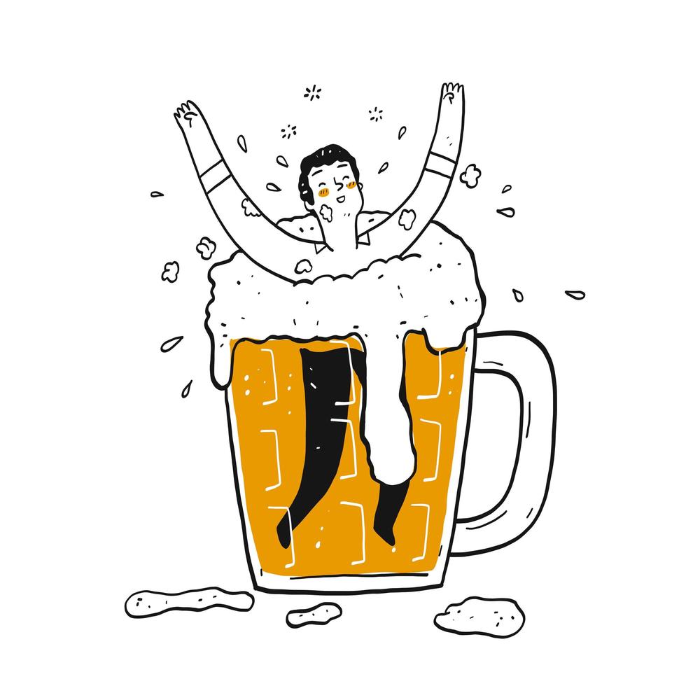 Hand gezeichneter glücklicher Mann im Glas Bier vektor