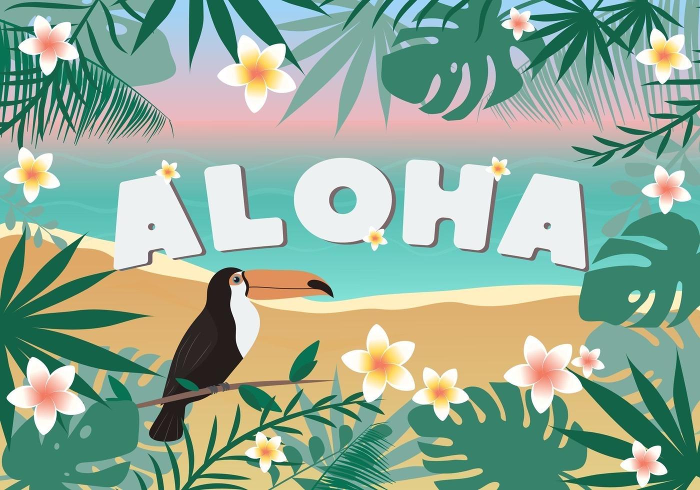 aloha kort, inbjudan eller affisch, med tropisk löv, blommor och tukan. sommar begrepp. vektor